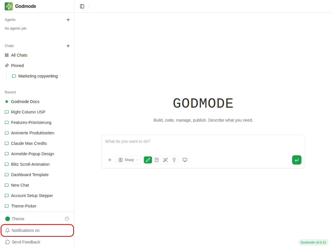 The WP Godmode sidebar with browser notifications enabled β the toggle reads βNotifications onβ