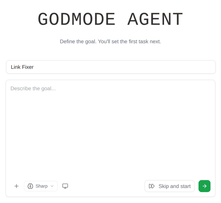 Creating a new agent in WP Godmode by naming it and describing its goal