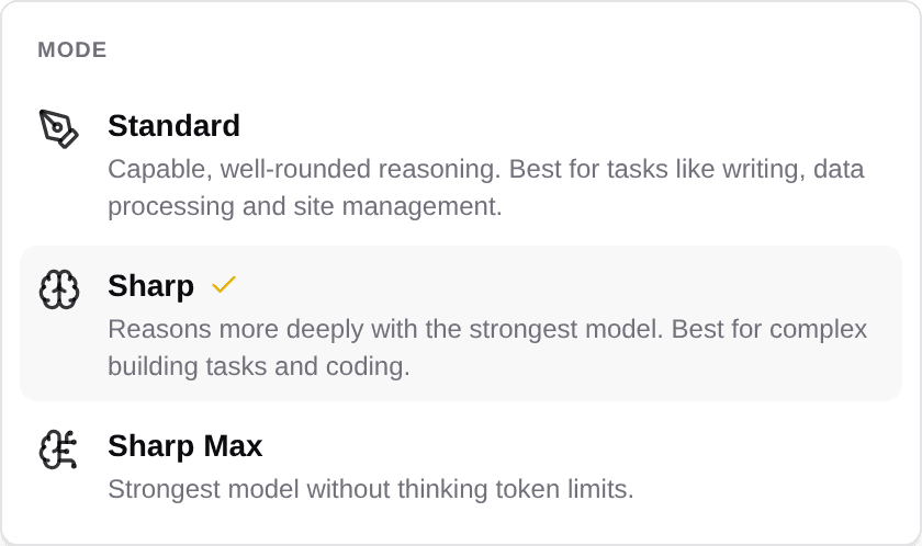 WP Godmode model picker showing the Standard, Sharp and Sharp Max modes