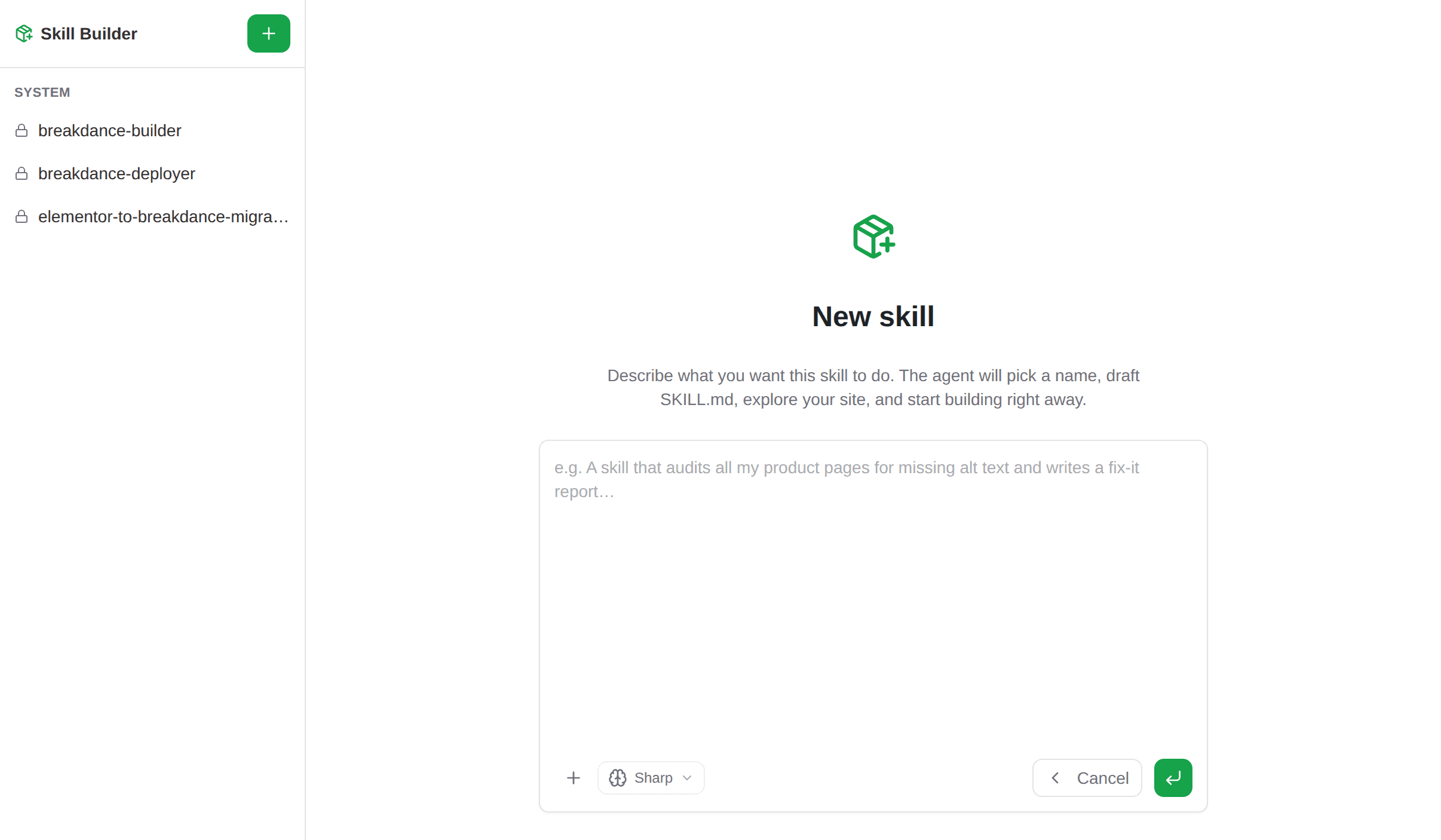 Creating a new skill in WP Godmode Skill Builder by describing what it should do