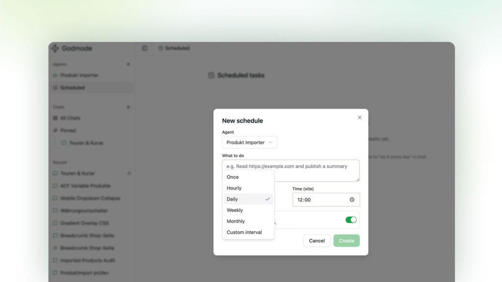 Scheduled Agents modal in WP Godmode
