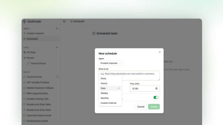 Scheduled Agents modal in WP Godmode