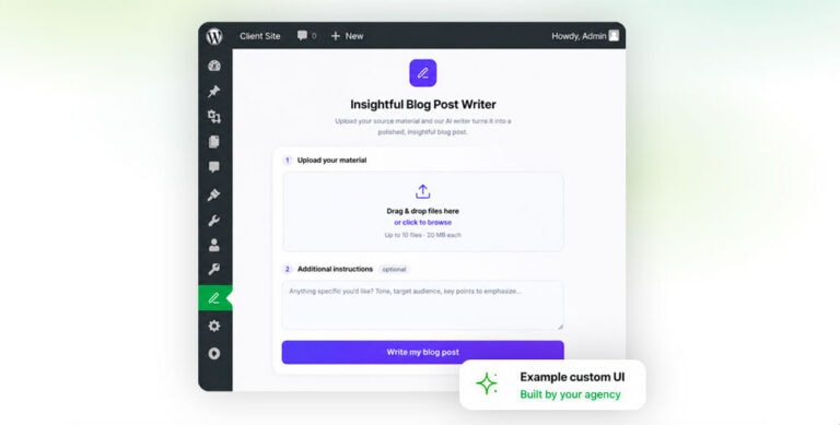 White label AI agent interface inside the WordPress admin dashboard