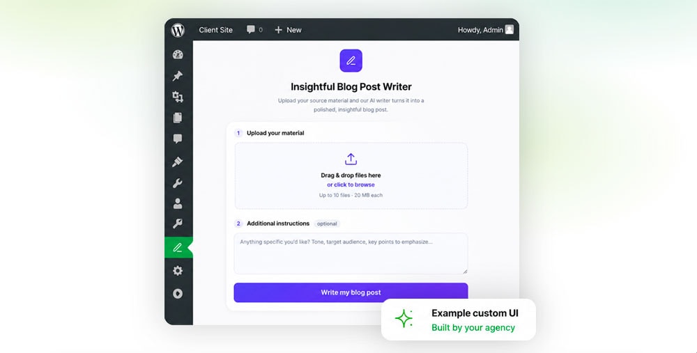 White label AI agent interface inside the WordPress admin dashboard
